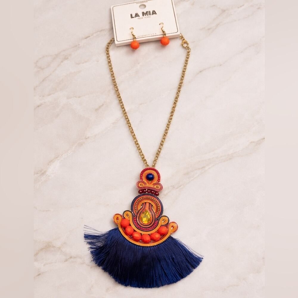LA MIA New York Navy Tassel Pendant Necklace Orange Drop Earrings Set NWT